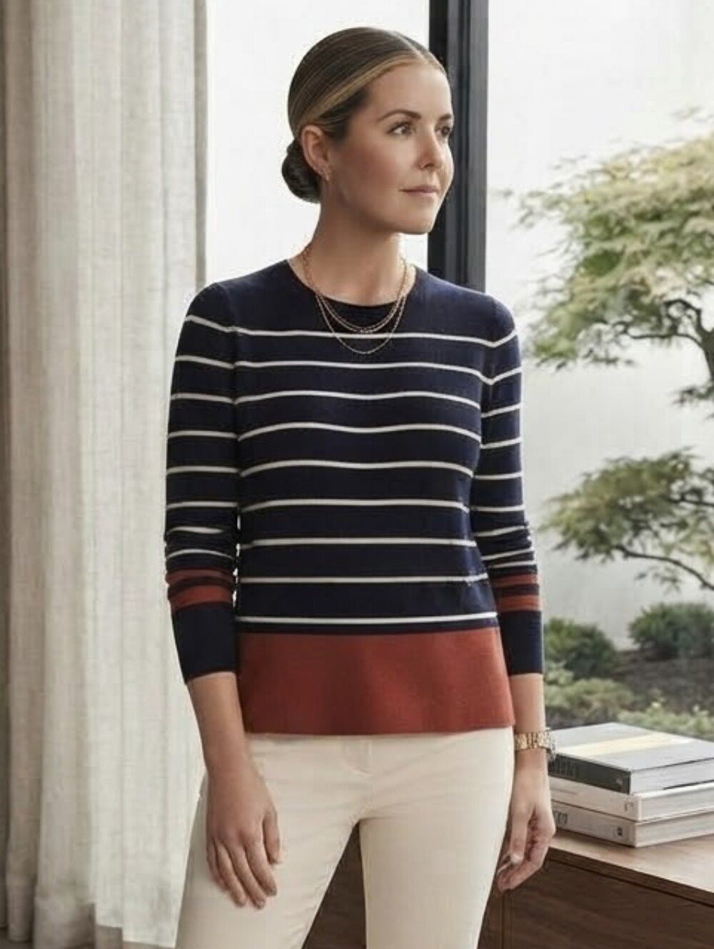 NWT Cleo XS Neutral Stripe Relaxed Fit Knit Sweater Business Casual Preppy Fall